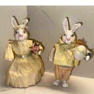 Pair Vintage Paper Crepe Mache Easter Rabbit Figurines Mr & Mrs Anthropomorphic